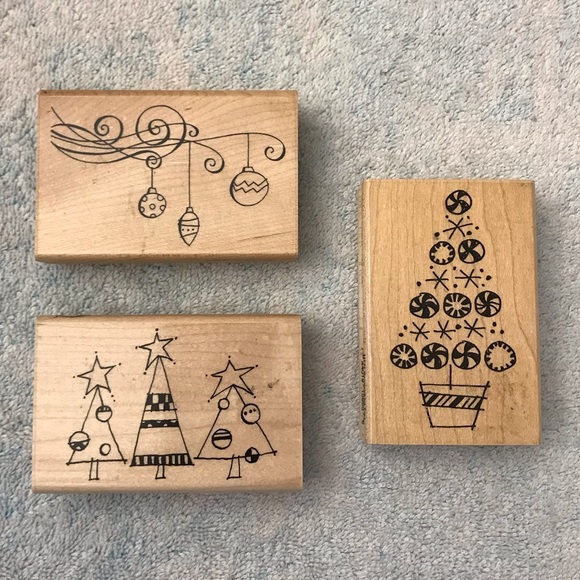 Three Christmas Tree/Ornaments Rubber Stamps Mounted on Wooden Blocks - Picture 1 of 6